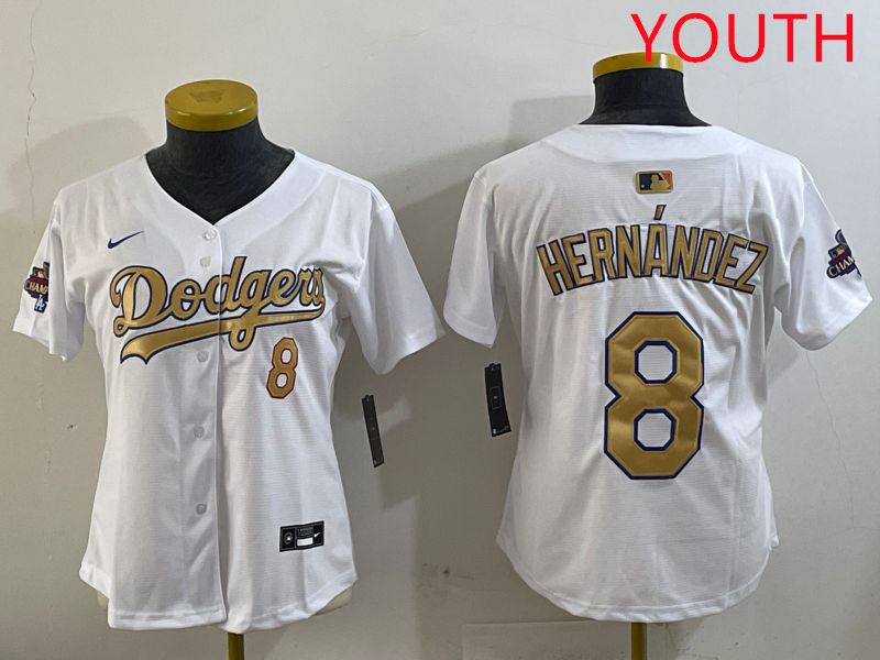 Youth Los Angeles Dodgers #8 Hernandez White Gold Game Nike 2025 MLB Jersey style 429->women mlb jersey->Women Jersey